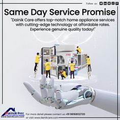 an advertisement for the company called same day service promise, with people working on machines