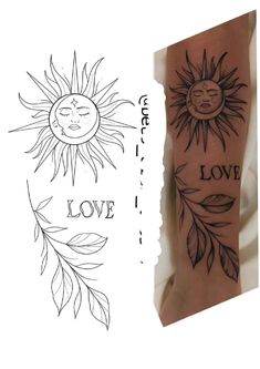 two sun tattoos on the arm and one with love written on it, both in black ink