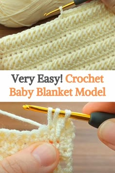 crochet baby blanket model with text overlay that says very easy crochet baby blanket model