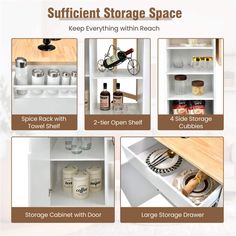 the contents of a kitchen cupboard with instructions on how to open and use it for storage