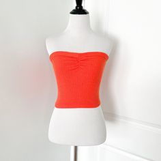 Urban Outfitters Red Orange Ribbed Strapless Crop Top Brand New Without Tags Size Small Ribbed Stretch Sleeveless Tube Top, Ribbed Stretch Tube Top, Trendy Ribbed Sleeveless Tube Top, Red Fitted Strapless Tank Top, Trendy Ribbed Tube Top For Summer, Red Stretch Tube Top For Summer, Red Strapless Crop Top For Spring, Red Strapless Stretch Crop Top, Red Fitted Bandeau Crop Top