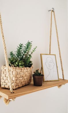 a potted plant sitting on top of a wooden shelf next to a picture frame