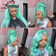 Pre Plucked Mint Green Body Wave Wigs For Black Women Brazilian Virgin Human Hair Party Wigs 13x4 Transparent Lace Front WigsRaw Materials : 100% Brazilian Human HairDensity : 150% Density Hair Wigs Pre Plcuked Natural Hairline With Baby Hair 613 lace frontal wig Can Do Any Style You Want swiss lace wigs wig fast delivery Mint Green Frontal Wig, Mint Green Wig Black Women, Color Frontal Wig, Lime Green Wig, Wig Styles For Black Women, Wave Wigs For Black Women, Pretty Wigs, Wig Installs, Body Wave Wigs