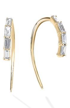 A quartet of baguette-cut diamonds enlivens the front of these graceful threader hoop earrings crafted from 14-karat gold. 3/4" drop Thread-through style Total diamond weight: 0.22ct. 14k gold/diamond Imported >Diamond Guide Baguette Jewelry, Front Back Earrings, Bath And Body Works Perfume, Lana Jewelry, December 23, Diamond Guide, Baguette Cut Diamond, Earring Crafts, Diamond Hoop Earrings