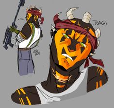 a drawing of a man with horns and an orange tiger face wearing a bandana