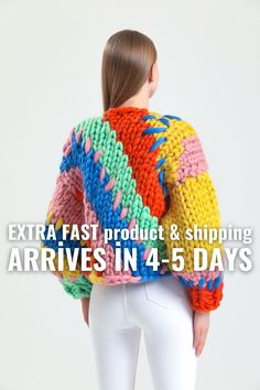 the back of a woman's sweater with text that reads extra fast product & shipping arrives in 4 - 5 days