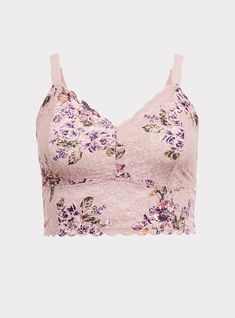 Floral printed soft lace hugs your curves in this comfortable bralette that's meant to peek out of low-cut necklines or semi-sheer tops. Matching style(s): Search 11811862. Wireless cups. Adjustable straps. Mesh lining. Pair with Torrid Bra for optimal support and lift. CONTENT + CARE: Nylon/spandex. Wash cold; dry flat. Imported plus size bra. SIZE + FIT: Model is wearing size 1 with Torrid Push-Up Strapless Bra. The best plus size women's unlined lace crop bralette bras in floral purple made of lace. Torrid is your destination for cozy fall and winter clothes to keep you warm and comfortable. Lace Camisole Crop Top, Bra Friendly, Bra-friendly Lace Camisole Crop Top, Seamless Lace Bra For Spring, Lace Bra For Spring, Lace Bra With Lace Closure For Spring, Spring Lace Bra With Lace Closure, Lace Cami With Lace Closure, Spring Lace Cami Bra, Spring Camisole Bra With Delicate Lace