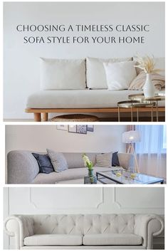 Classic sofas in various styles: minimalist white with cushions, modern gray with decorative pillows, and elegant tufted design. Decor Themes, Beauty Crafts, Composite Decking, Moving House