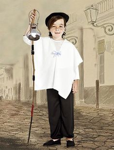 a young boy is holding a lamp in his hand and wearing a white shirt with a bow on it