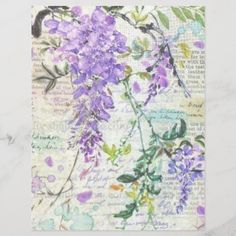 an artistic painting with purple flowers and leaves on it's paper textured background