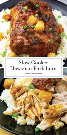 slow cooker hawaiian pork loin on a plate with rice