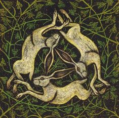 two white rabbits in a circle surrounded by green leaves and branches on a black background