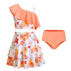 two piece swimsuit with flower print on the bottom and an orange top above it