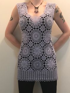 Handmade crochet lace tunic. Also can be worn as a mini-dress with something underneath. Made from "Artiste" 100% cotton crochet thread, color - Grey Lilac. Size Medium, stretchy. 37/30/37 Lace Crochet Mini Dress, Bohemian Sleeveless Stretch Crochet Dress, Bohemian Stretch Crochet Sleeveless Dress, Bohemian Crochet Lace Sleeveless Dress, Fitted Crochet Lace Top, Fitted Cotton Crochet Lace Dress, Fitted Crochet Lace Top Mini Length, Bohemian Stretch Crochet Lace Top, Bohemian Lace Crochet Top With Stretch