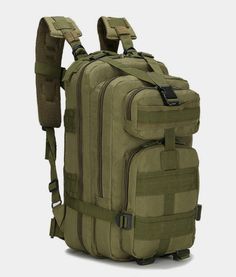 an army green backpack with multiple compartments and straps