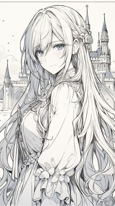 a drawing of a girl with long hair and blue eyes standing in front of a castle