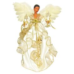 an angel figurine with white wings and gold trimmings on it's body