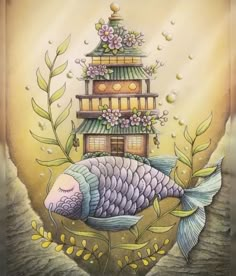 a painting of a fish in front of a house with flowers on it's roof