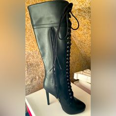 Never Worn! Black High Heel Boot With Lace Up Front Detail. Side Zipper Closure. Will Upload More Pictures Upon Request. Best Cowboy Boots, Just Fab Boots, Heeled Combat Boots, Tassel Heels, Brown Heeled Boots, Black High Heel Boots, Brown Riding Boots, Lace Up High Heels, Patent Leather Boots