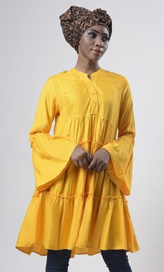 Tiered Yellow Everyday Wear Soft, Breathable Cool Tunic - EastEssence.com Summer Yellow Long Sleeve Tunic, Yellow Long Sleeve Casual Tunic, Flowy Rayon Long Sleeve Tunic, Flowy Long Sleeve Rayon Tunic, Kids Abaya, Tunic Designs, Colorful World, Beautiful Belts, Womens Tunics