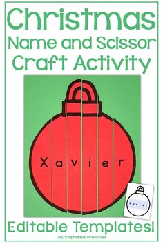 Christmas Ornament Name Craft Christmas Prek Ornaments, Christmas Name Practice Preschool, Christmas Name Recognition Activities, Ornament Crafts Preschool, Christmas Scissor Skills Preschool, Prek Ornament Craft, Christmas Cutting Activities, Christmas Name Activities, Christmas Stocking Craft Preschool