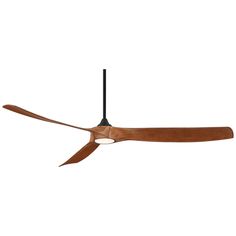 a ceiling fan with wooden blades on it