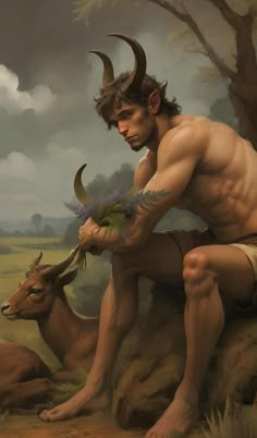 a painting of a man with long horns and no shirt on kneeling next to an animal