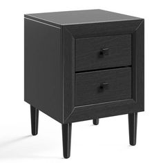 a black nightstand with two drawers on one side and an open drawer on the other