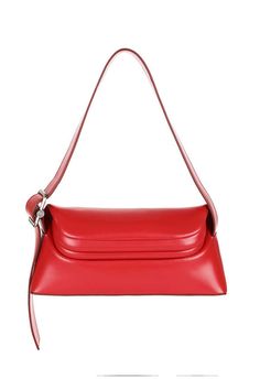 Osoi folder brot bag in smooth cherry red leather.  a contemporary take on the baguette bag the brot has a simplistic folded design with curvy lines and a chunky buckle at the strap. by adjusting the length of the strap it can be worn as a tote or shoulder bag.    measurements: height 14cm x width 30cm x depth 7.5cm.    100% cow leather. lining 100% cotton.    made in korea.    pipe and row Easy Tiger, Daily Bag, Bag Measurements, Four Horsemen, Black Crane, Baguette Bag, Blue Flats, Pocket Bag, Cherry Red