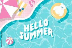 an image of a hello summer poster with umbrellas and beach balls in the water