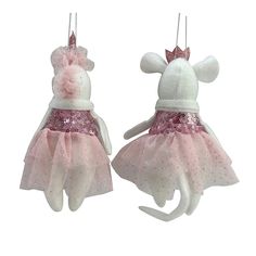 two white and pink mouse ornaments hanging from strings