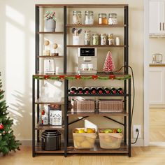 a shelf filled with lots of food next to a christmas tree