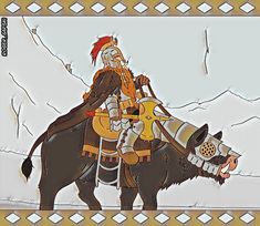 a drawing of a man riding on the back of a black horse next to snow covered mountains