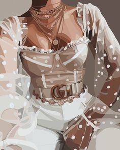 a digital painting of a woman wearing a white dress and belted shirt with her hands on her hips