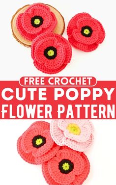 crochet cute poppy flower pattern with text overlay that says free crochet cute poppy flower pattern