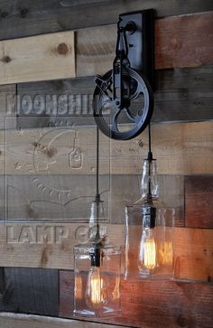 Pulley Lamps, Smart Tiles, Industrial Light, Bottle Wall, Design Industrial, Farmhouse Lighting, Industrial Lighting