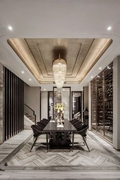 an elegant dining room with marble floors and walls