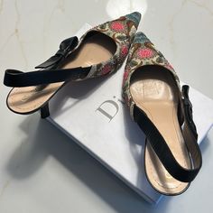 Very Gently Worn Dior Black Slingbacks With Floral Beading And Black Leather Bows On Strap. No Signs Of Wear On Uppers. Original Box And Dust Bags. Slingbacks, Dior Shoes, Leather Bows, Shoes Women Heels, Christian Dior, Beading, Original Box, Dust Bag, Shoes Heels