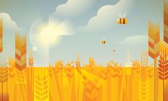 an image of a field with bees flying in the sky and sun shining down on it