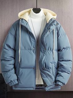 1pc Loose Fit Men's Hooded Padded Coat With Drawstring Dusty Blue Casual  Long Sleeve Fabric Colorblock Puffer Slight Stretch  Men Clothing, size features are:Bust: ,Length: ,Sleeve Length: Big Jacket Outfits, Mens Winter Coat, Padded Coat, Style Noir, Denim Jacket Men, Mens Hooded, Winter Coats, Workout Jacket, Mens Outerwear