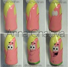 Spongebob Nail Art Step By Step, Disney Nails Tutorial, Cartoon Nails Tutorial, Step By Step Character Nail Art, How To Nail Designs Step By Step, Disney Nails Step By Step, Patrick Nails Spongebob, How To Draw On Nails Step By Step, Cartoons Nails Art