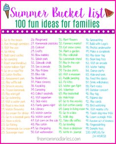 the summer bucket list for families with text overlay that reads, 100 fun ideas for families