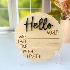 a wooden sign with the words hello world written on it and a potted plant in the background