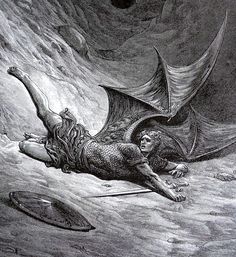 a black and white drawing of a demon laying on the ground next to a man