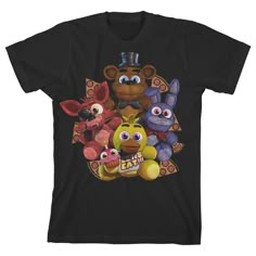 an image of five different cartoon characters on a black t - shirt with the words happy birthday