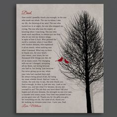 a red bird sitting on top of a tree next to a poem