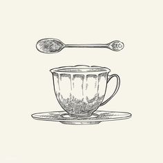 a drawing of a coffee cup and spoon on a saucer