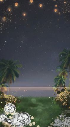 an image of flowers and lights in the night sky with palm trees on the other side