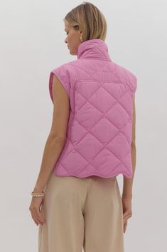 Solid Quilted Snap Button up Vest Featuring Pockets at Side. Scalloped Hem. Unlined. Woven. Pink Puffer Vest, Quilted Puffer Vest, Cami Maxi Dress, Quilted Vest, Scalloped Hem, Bubblegum Pink, Puffer Vest, Sweater Blouse, Snap Button