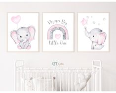 two pictures of elephants in pink and gray with stars on them, one has a baby's name and the other says dream big little one